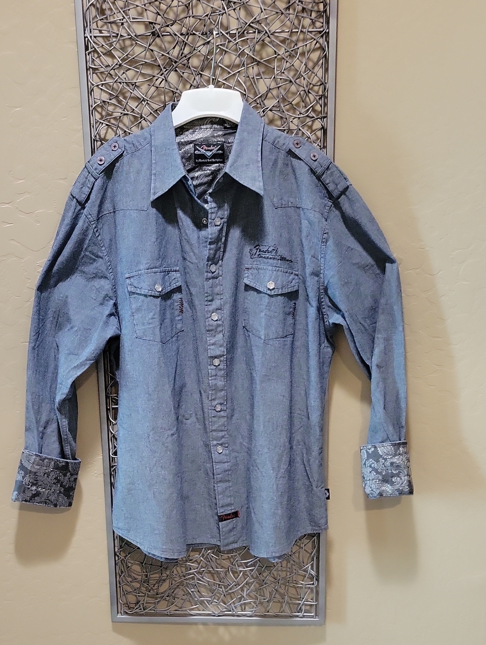 Fender Custom Shop Embroidered Men's Washed Blue Chambray Snap Front Shirt